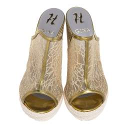 Pre Owned Gina  Metallic Green Net And Leather Wedge Sandals Size 38