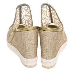 Pre Owned Gina  Metallic Green Net And Leather Wedge Sandals Size 38