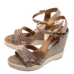 Gina Rose Gold Glitter and Crystal-Embellished Leather Espadrille Platform Wedge Sandals Size 40