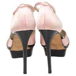 Pre Owned Gina Pink/Black Satin  Ankle Strap Platform Sandals Size 37.5