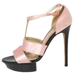 Pre Owned Gina Pink/Black Satin  Ankle Strap Platform Sandals Size 37.5
