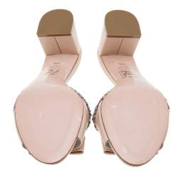 Pre Owned صندل سلايد جينا جلد بيج مزخرف كريستال مزين فيونكة مقاس 40.5