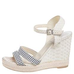 مملوكة مسبقًا Gina Off-White Python Leather Crystal Embellished Wedge Platform Sandals Size 40
