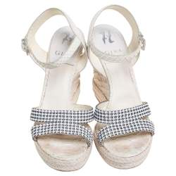 مملوكة مسبقًا Gina Off-White Python Leather Crystal Embellished Wedge Platform Sandals Size 40