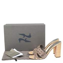Pre Owned Gina Beige Crystal Embellished Leather Loren Block Heel Slide Sandals Size 39