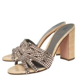 Pre Owned Gina Beige Crystal Embellished Leather Loren Block Heel Slide Sandals Size 39