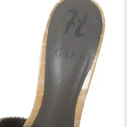 Pre Owned Gina Beige Crystal Embellished Leather Loren Block Heel Slide Sandals Size 39