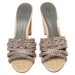 Pre Owned Gina Beige Crystal Embellished Leather Loren Block Heel Slide Sandals Size 39