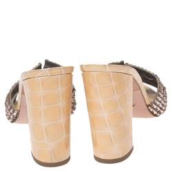 Pre Owned Gina Beige Crystal Embellished Leather Loren Block Heel Slide Sandals Size 39