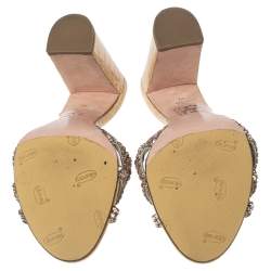 Pre Owned Gina Beige Crystal Embellished Leather Loren Block Heel Slide Sandals Size 39