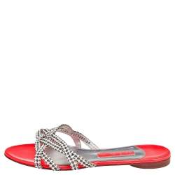 Pre Owned صندل سلايد جينا جلد أبيض/برتقالي نيون مزخرف مقاس 39.5