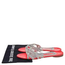 Pre Owned صندل سلايد جينا جلد أبيض/برتقالي نيون مزخرف مقاس 39.5