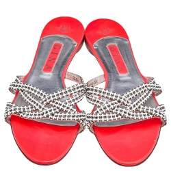 Pre Owned صندل سلايد جينا جلد أبيض/برتقالي نيون مزخرف مقاس 39.5