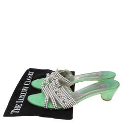 مملوكة مسبقًا Gina Green Leather Crystal Embellished Slide Block Heel Sandals Size 41.5