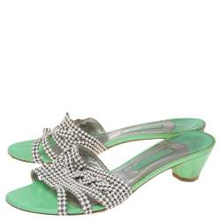 مملوكة مسبقًا Gina Green Leather Crystal Embellished Slide Block Heel Sandals Size 41.5