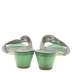 مملوكة مسبقًا Gina Green Leather Crystal Embellished Slide Block Heel Sandals Size 41.5