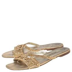 Pre Owned Gina Gold Leather Crystal Embellished Flat Loren Sandals Size 39