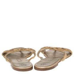 Pre Owned Gina Gold Leather Crystal Embellished Flat Loren Sandals Size 39
