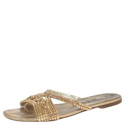 Pre Owned Gina Gold Leather Crystal Embellished Flat Loren Sandals Size 39