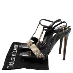 Pre Owned Gina Black Patent Leather Crystal Embellished T-Strap Sandals Size 39.5