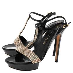 Pre Owned Gina Black Patent Leather Crystal Embellished T-Strap Sandals Size 39.5