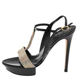 Pre Owned Gina Black Patent Leather Crystal Embellished T-Strap Sandals Size 39.5