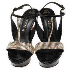 Pre Owned Gina Black Patent Leather Crystal Embellished T-Strap Sandals Size 39.5