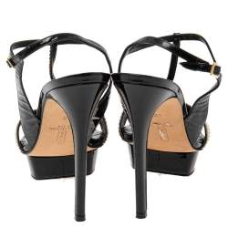 Pre Owned Gina Black Patent Leather Crystal Embellished T-Strap Sandals Size 39.5