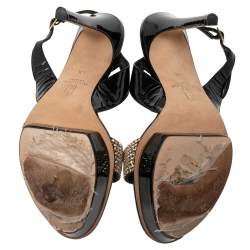 Pre Owned Gina Black Patent Leather Crystal Embellished T-Strap Sandals Size 39.5