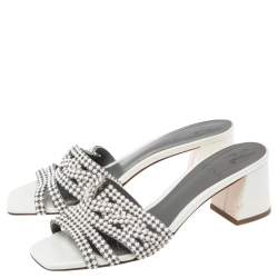 Pre Owned Gina White Crystal Embellished Leather Arizona Slide Sandals Size 37