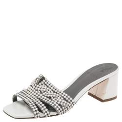 Pre Owned Gina White Crystal Embellished Leather Arizona Slide Sandals Size 37