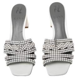 Pre Owned Gina White Crystal Embellished Leather Arizona Slide Sandals Size 37