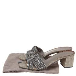 مملوكة مسبقًا Gina Grey Crystal Embellished Leather Block Heel Slide Sandals Size 39.5