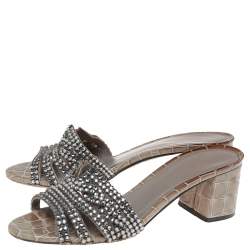 مملوكة مسبقًا Gina Grey Crystal Embellished Leather Block Heel Slide Sandals Size 39.5