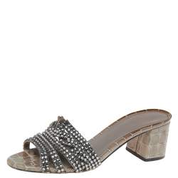 مملوكة مسبقًا Gina Grey Crystal Embellished Leather Block Heel Slide Sandals Size 39.5