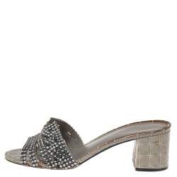 مملوكة مسبقًا Gina Grey Crystal Embellished Leather Block Heel Slide Sandals Size 39.5