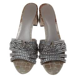 مملوكة مسبقًا Gina Grey Crystal Embellished Leather Block Heel Slide Sandals Size 39.5