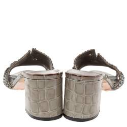 مملوكة مسبقًا Gina Grey Crystal Embellished Leather Block Heel Slide Sandals Size 39.5