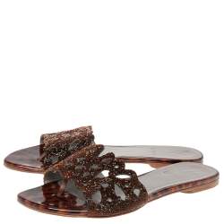 Pre Owned Gina Brown Crystal Embellished Patent Leather Flat Slides Size 38