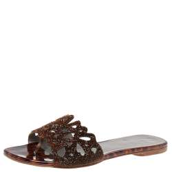 Pre Owned Gina Brown Crystal Embellished Patent Leather Flat Slides Size 38