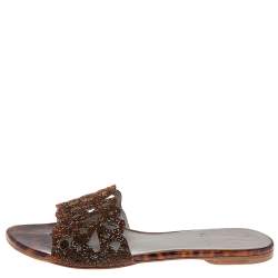 Pre Owned Gina Brown Crystal Embellished Patent Leather Flat Slides Size 38