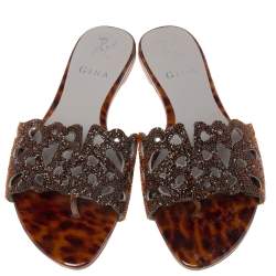 Pre Owned Gina Brown Crystal Embellished Patent Leather Flat Slides Size 38