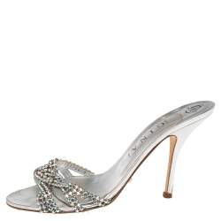 Pre Owned صندل سلايد جينا جلد فضي مزخرف كريستال مقاس 41