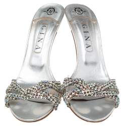 Pre Owned صندل سلايد جينا جلد فضي مزخرف كريستال مقاس 41