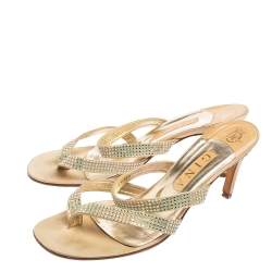 Gina Gold Crystal Embellished Leather Slide Sandals Size 40.5