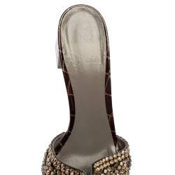 Pre Owned Gina Loren Brown Croc Embossed Patent Leather Slide Sandals Size 38