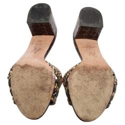 Pre Owned Gina Loren Brown Croc Embossed Patent Leather Slide Sandals Size 38