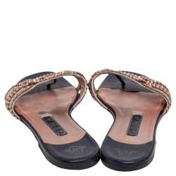 Pre Owned صندل جينا فلات جلد بنفسجي / أسود مزخرف كريستال مقاس 38.5