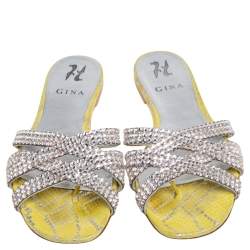 Pre Owned صندل سلايد جيناجلد أصفر فاتح/فضي مزخرف كريستال مقاس 38.5