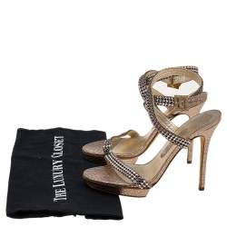 Pre Owned Gina Gold Leather Crystal Embellished Cross Ankle Strap Sandals Size 38